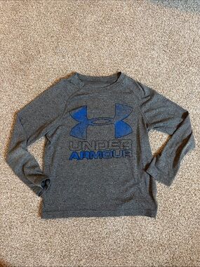 Under Armour Boys' Gray Long Sleeve Tee with Blue Logo